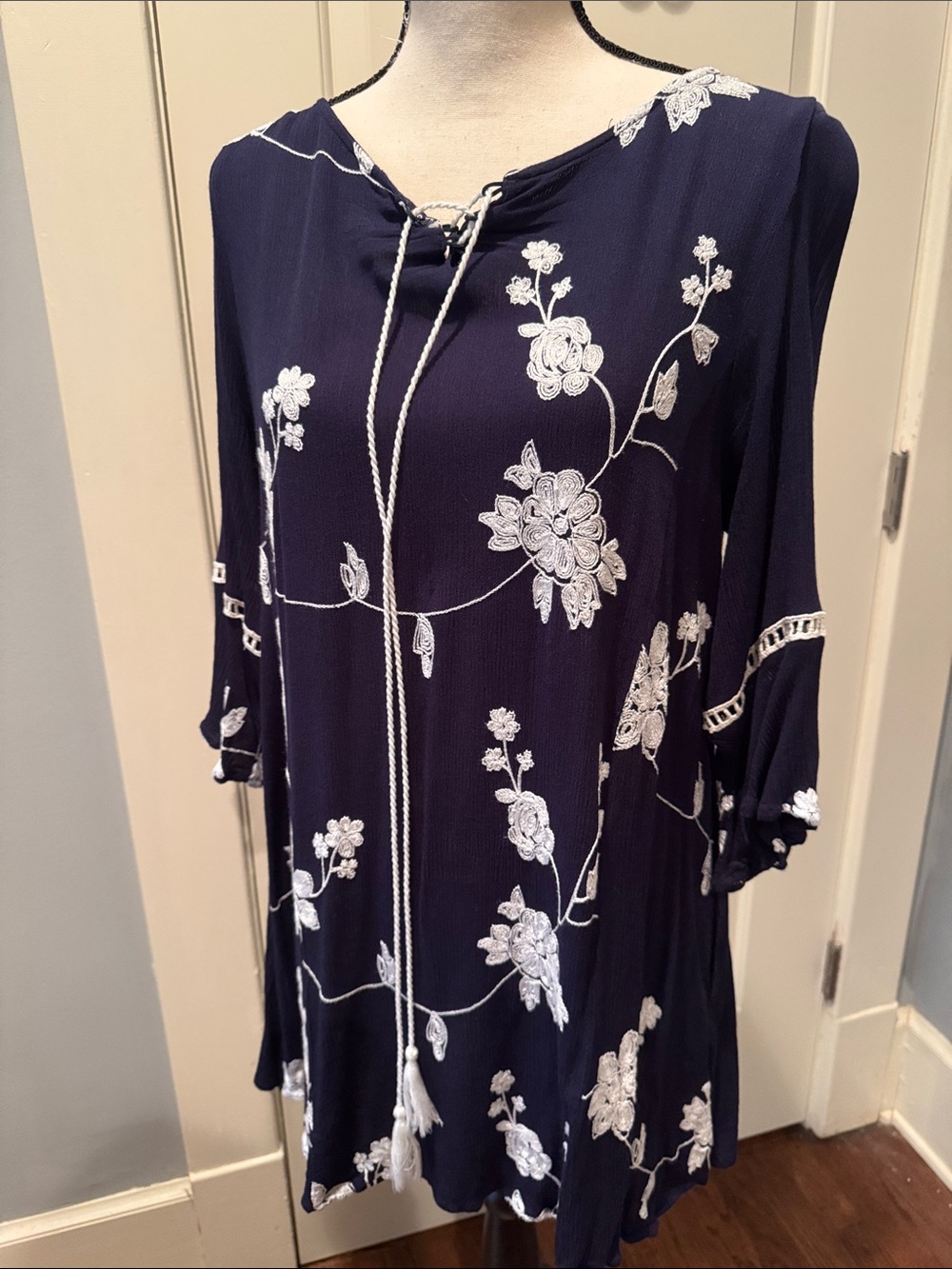 Umgee Navy Tunic with White Floral Embroidery and Tie Neck
